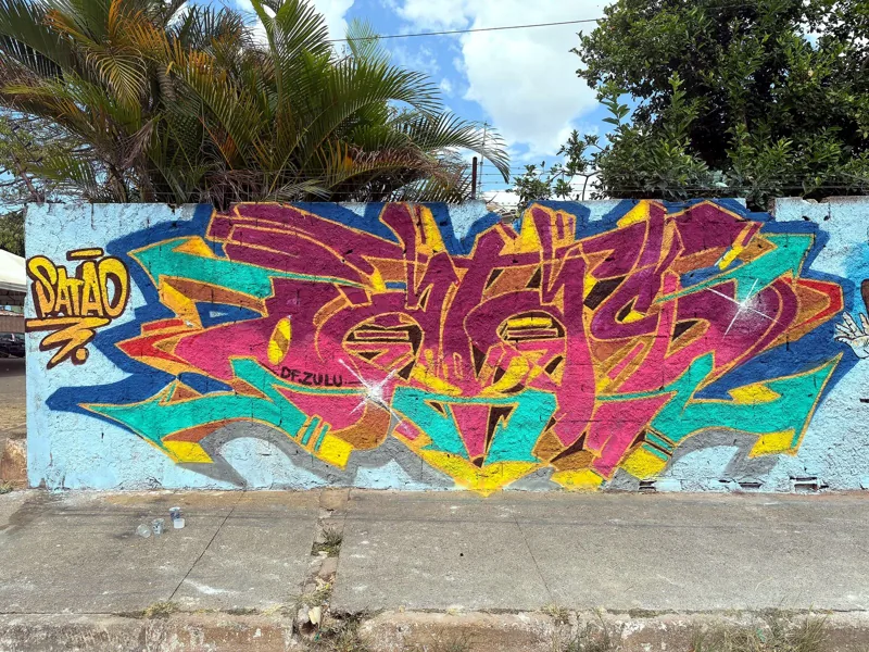 Assinatura Satão em grafite colorido sobre parede azul, com os dizeres DF Zulu
