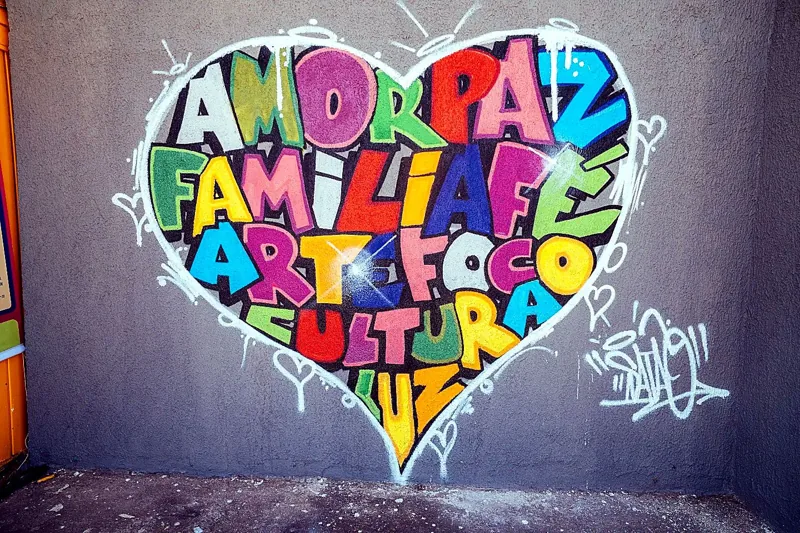 Mural em formato de coração com as palavras amor, paz, família, fé, arte, foco, cultura, luz