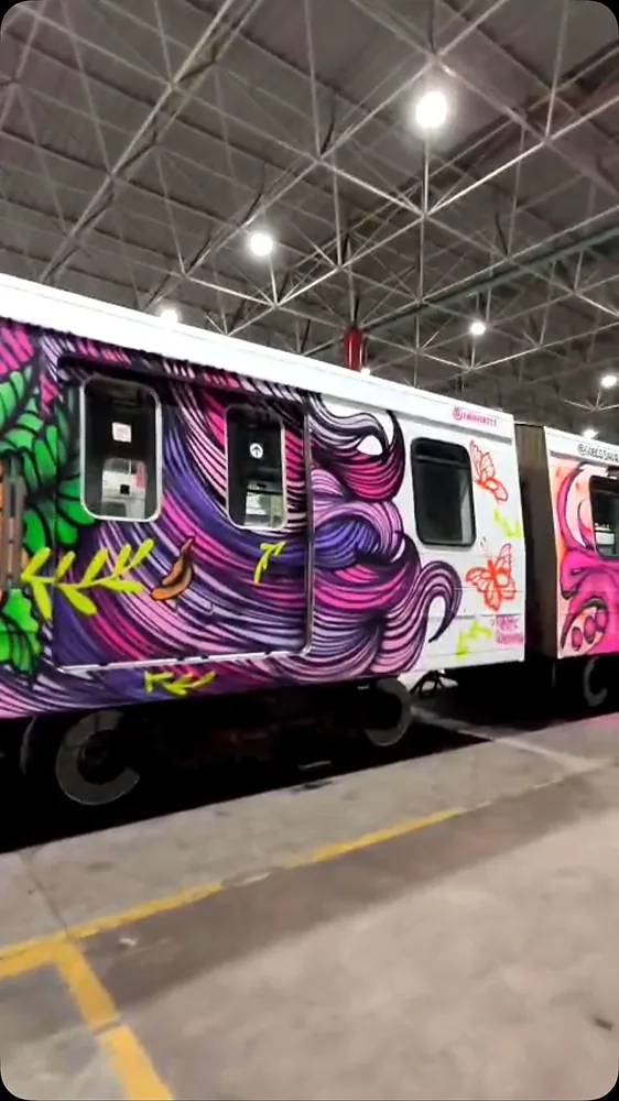 Vagão de trem em pátio, pintado com grafite em tons de roxo